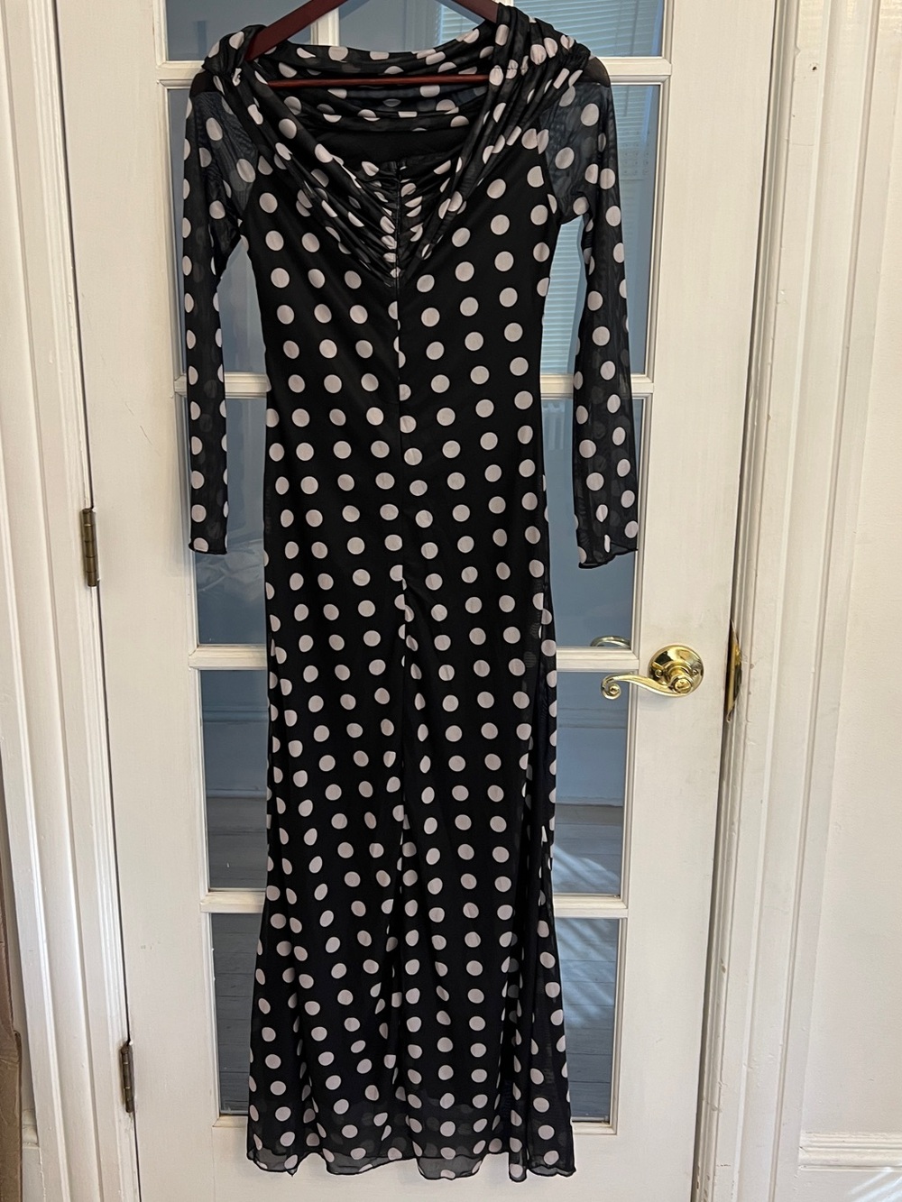 Commense Women’s Black White Polka Dot Mesh Ruched Long Sleeve Maxi Dress NWT M